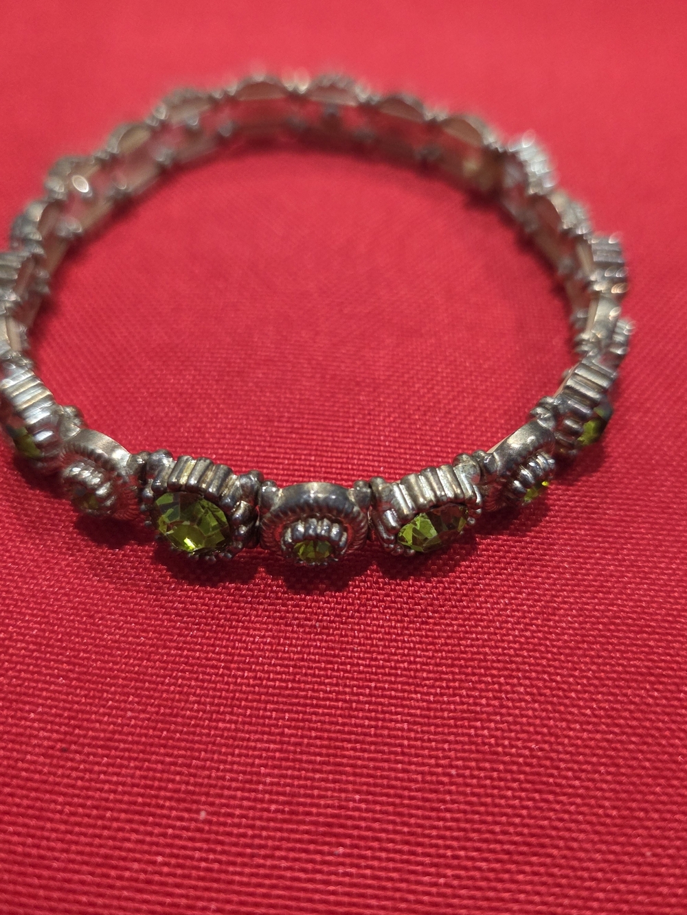 Vintage-Style Silver Bracelet with Lime Green Crystal Accents